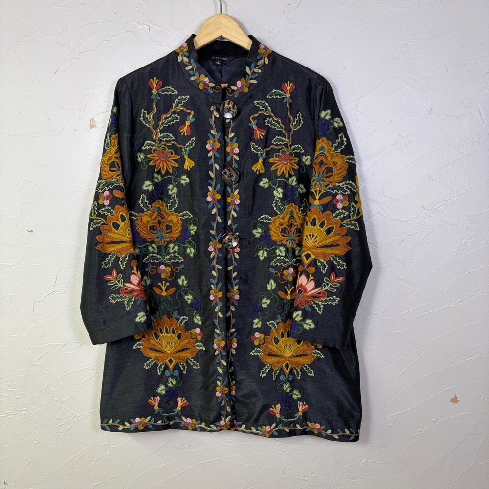 John Mark Embroidered Floral Jacket Women Large Black Mandarin Collar Boho Art